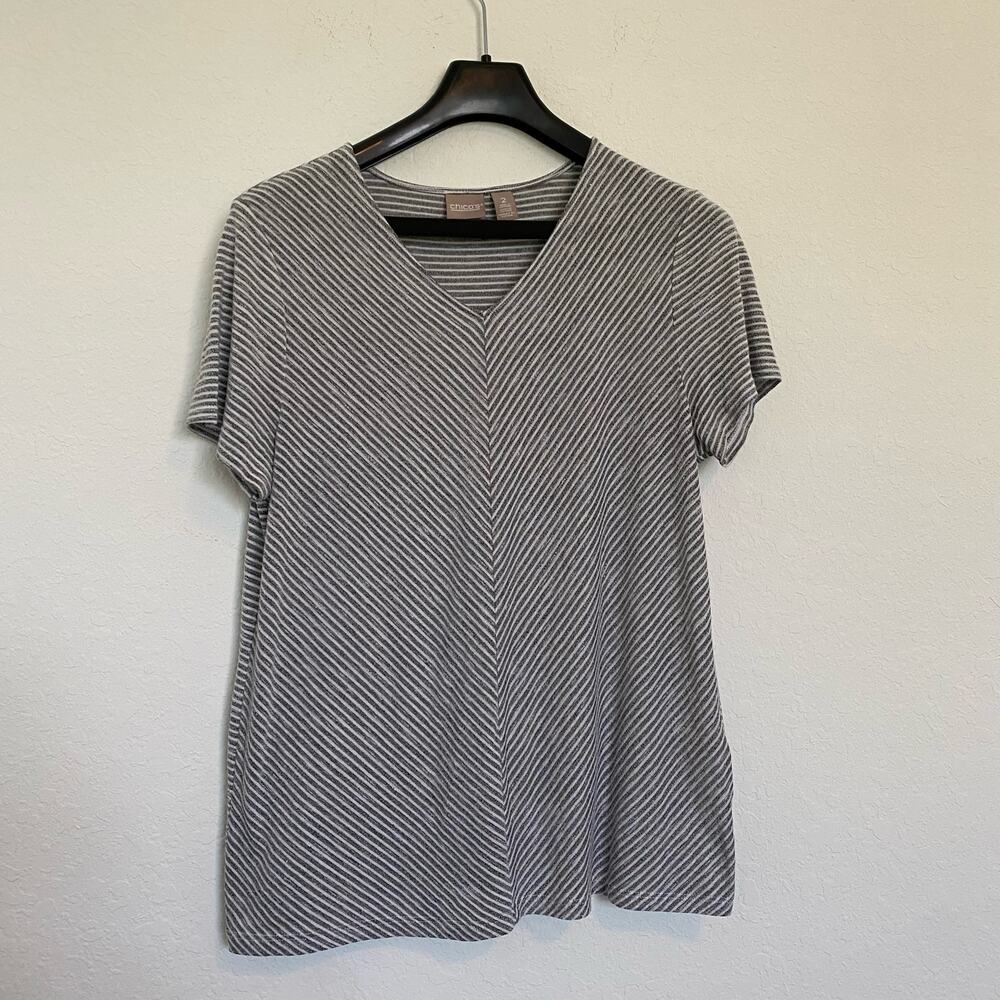 Chico’s‎ Striped V-neck Tee Gray White 2 Large